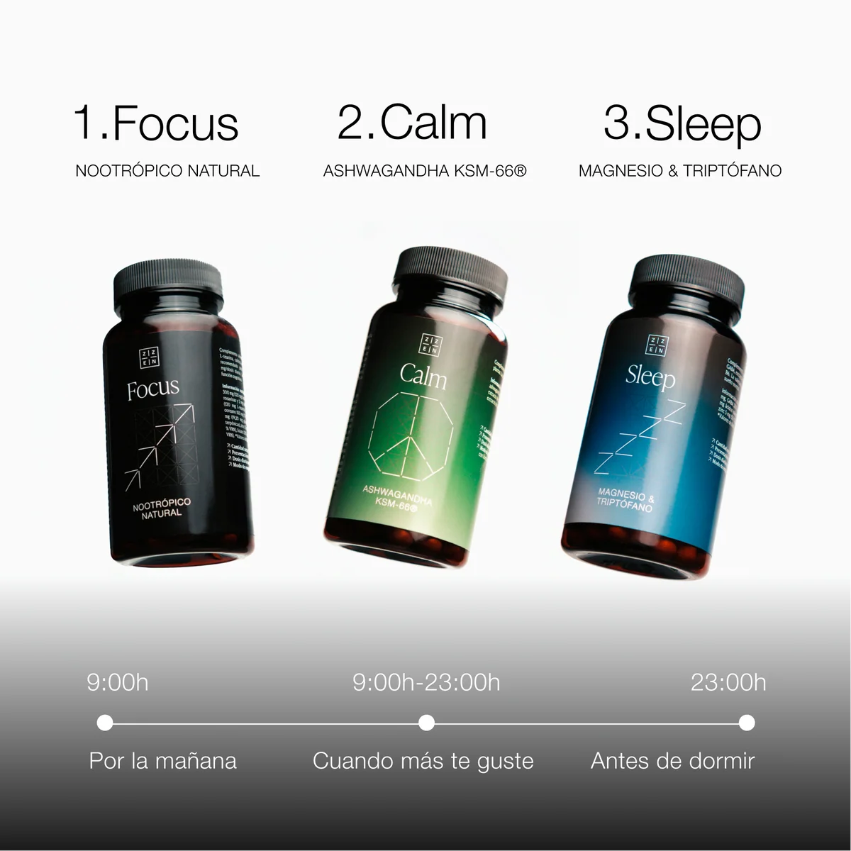 Los tres frascos Focus, Calm y Sleep del pack Modo ZZEN